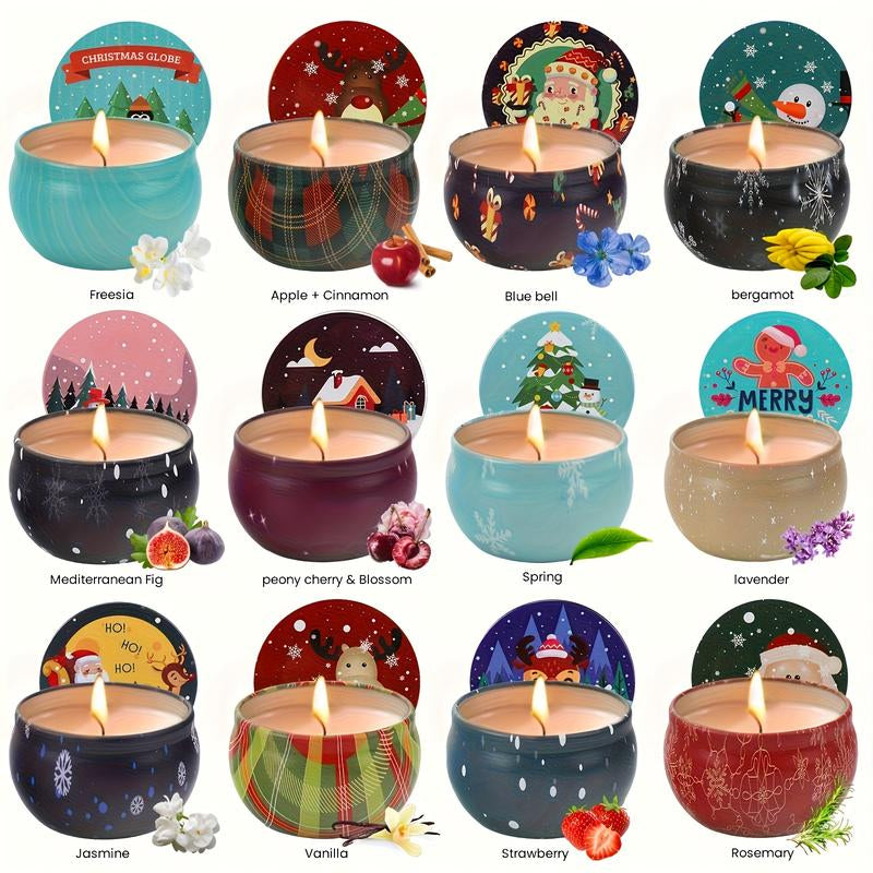 Christmas Candle Soy Wax Candle Gift Box: 12Pcs 2.5Oz, Essential for a Festive Atmosphere! Exquisite Christmas-Themed Candle, a Perfect Bath Companion, a Birthday Gift Box to Encounter Christmas Romance., Cozy Ambiance, Elegant Candles, Festive